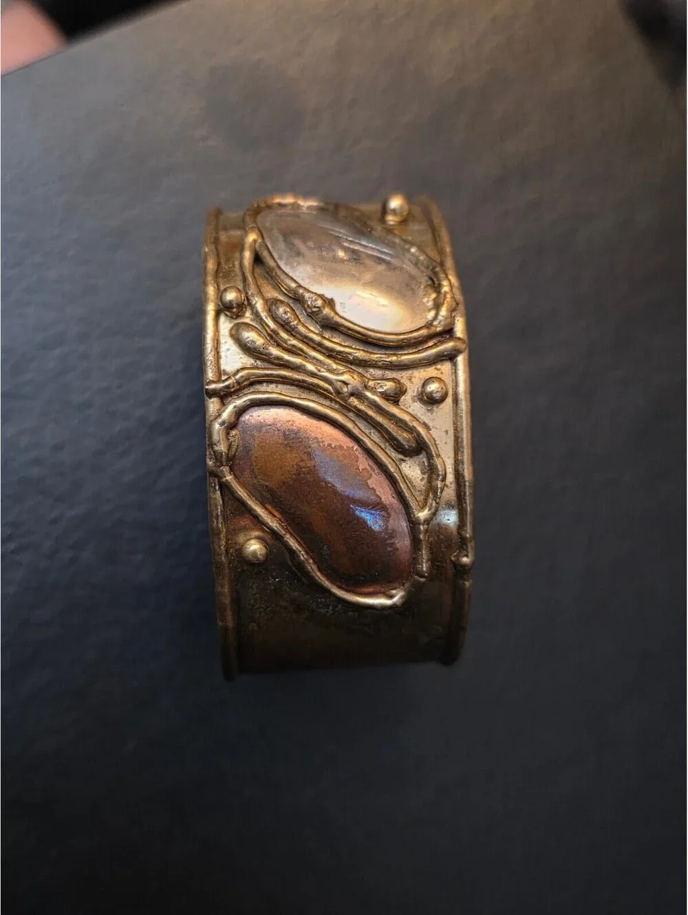 Vintage Artisan Brutalist Mixed Metal Brass Wide Cuff Bracelet Studio Modernist